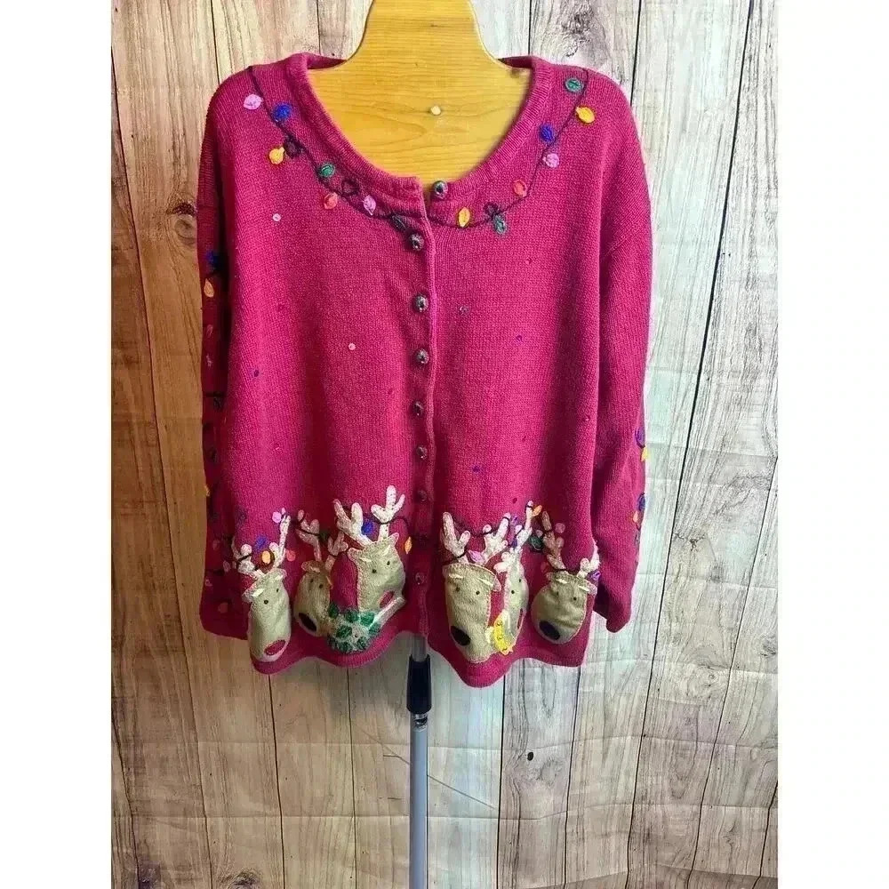 Vintage 2003 Tiara Women Reindeer Holiday Lights Cardigan Sweater Size 18/20